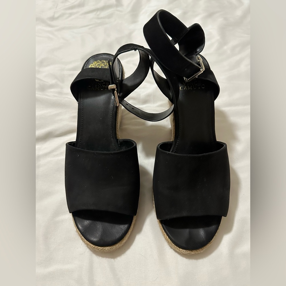 Vince Camuto ankle strap black suede wedge